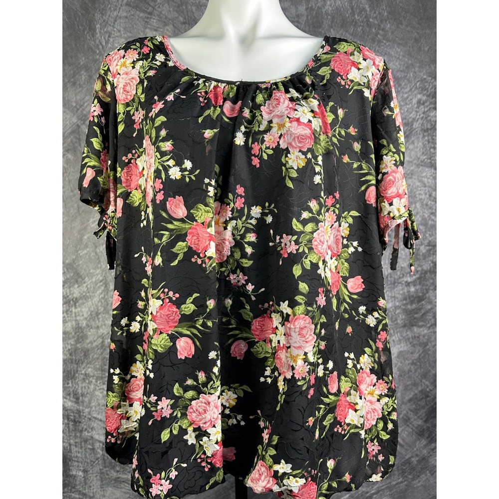 Tamara H. Floral Blouse Womens 3X Black Pink Short Sleeve Tie Detail Top